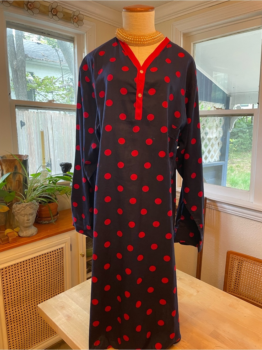 Navy Men’s Long Sleeve vintage Sleepshirt with Red Polka Dots